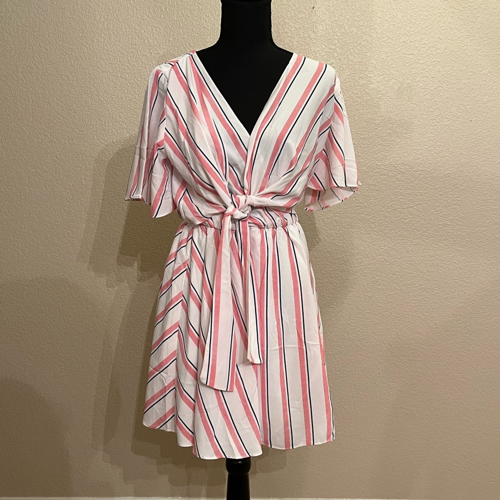 NWT Pink and White Striped Flutter Sleeve Wrap Dress